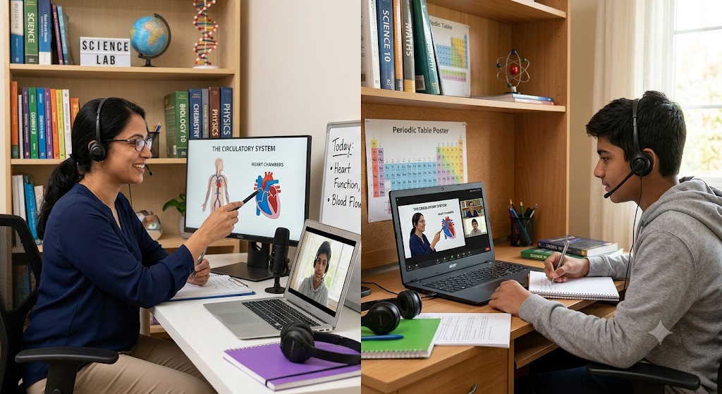 Teacher taking a live online science class with a student joining remotely