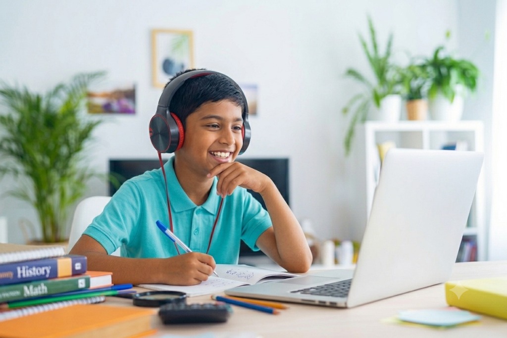 Student attending a one-to-one online class from home